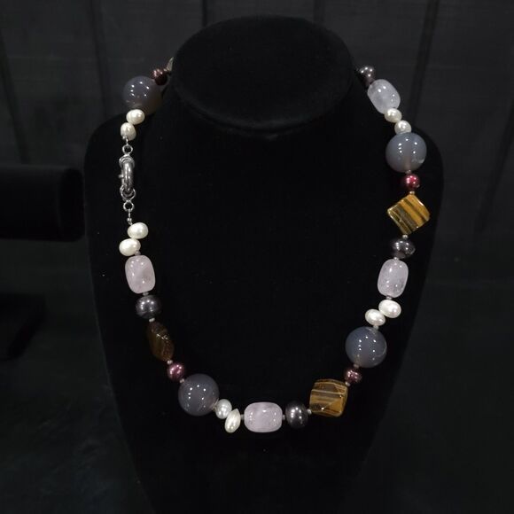 (4) Gemstone Agate Chunky Necklaces Set Statement Tigers Eye Pearls Rose Quartz - Picture 13 of 16